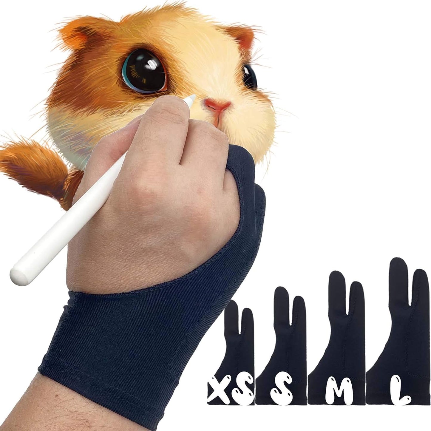 AKX Artist Glove, Palm Rejection Drawing Glove for Graphic Tablet, iPad - Smudge Guard, 2-Finger, Good for Left and Right Hand (Black, Small, 2 Pack)