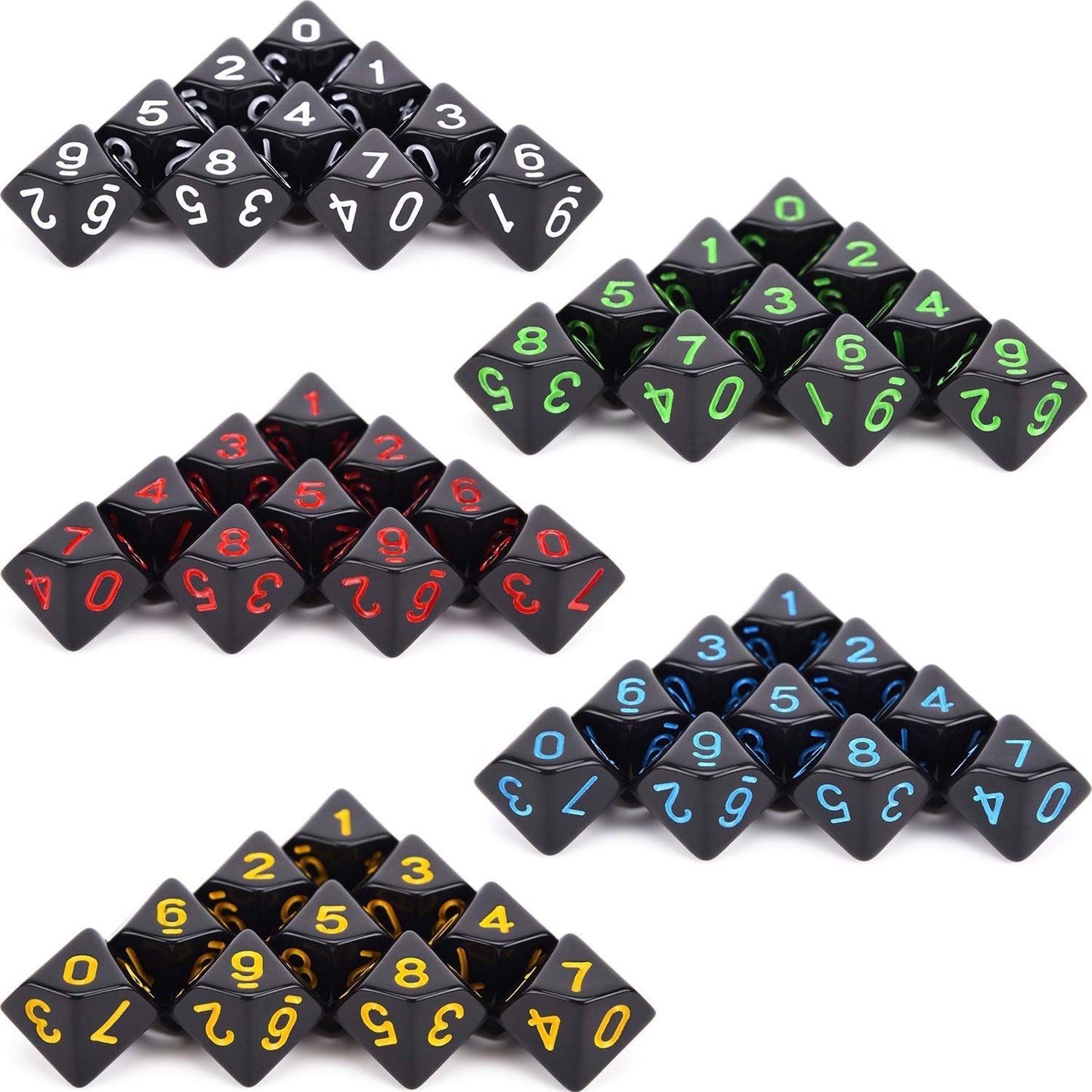 50pcs Assorted D10 Opaque Black with Black Dice Bag 10 Sides Dice for Tabletop RPG World of Darkness Vampire (0-9)