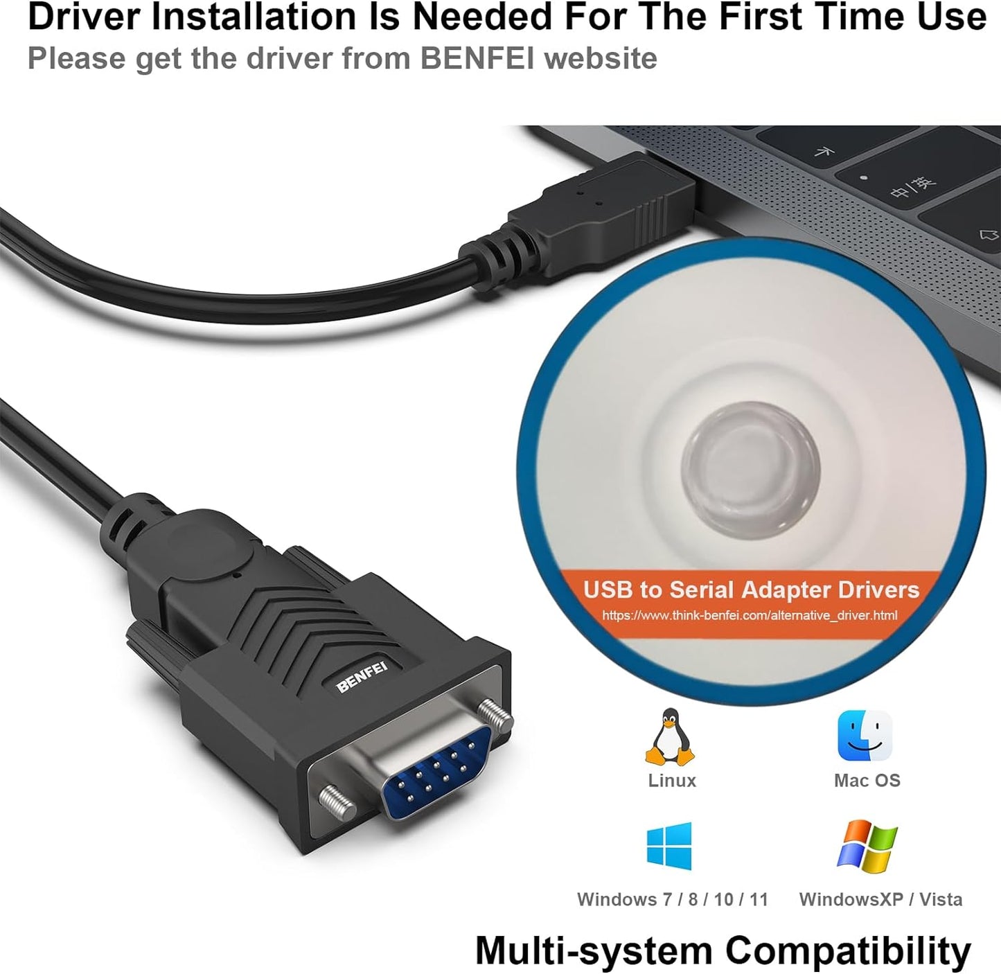 BENFEI USB to Serial Adapter, USB to RS-232 Male (9-pin) DB9 Serial Cable, Prolific Chipset, Windows 11/10/8.1/8/7, Mac OS X 10.6 and Above, 1.8M（Not VGA）
