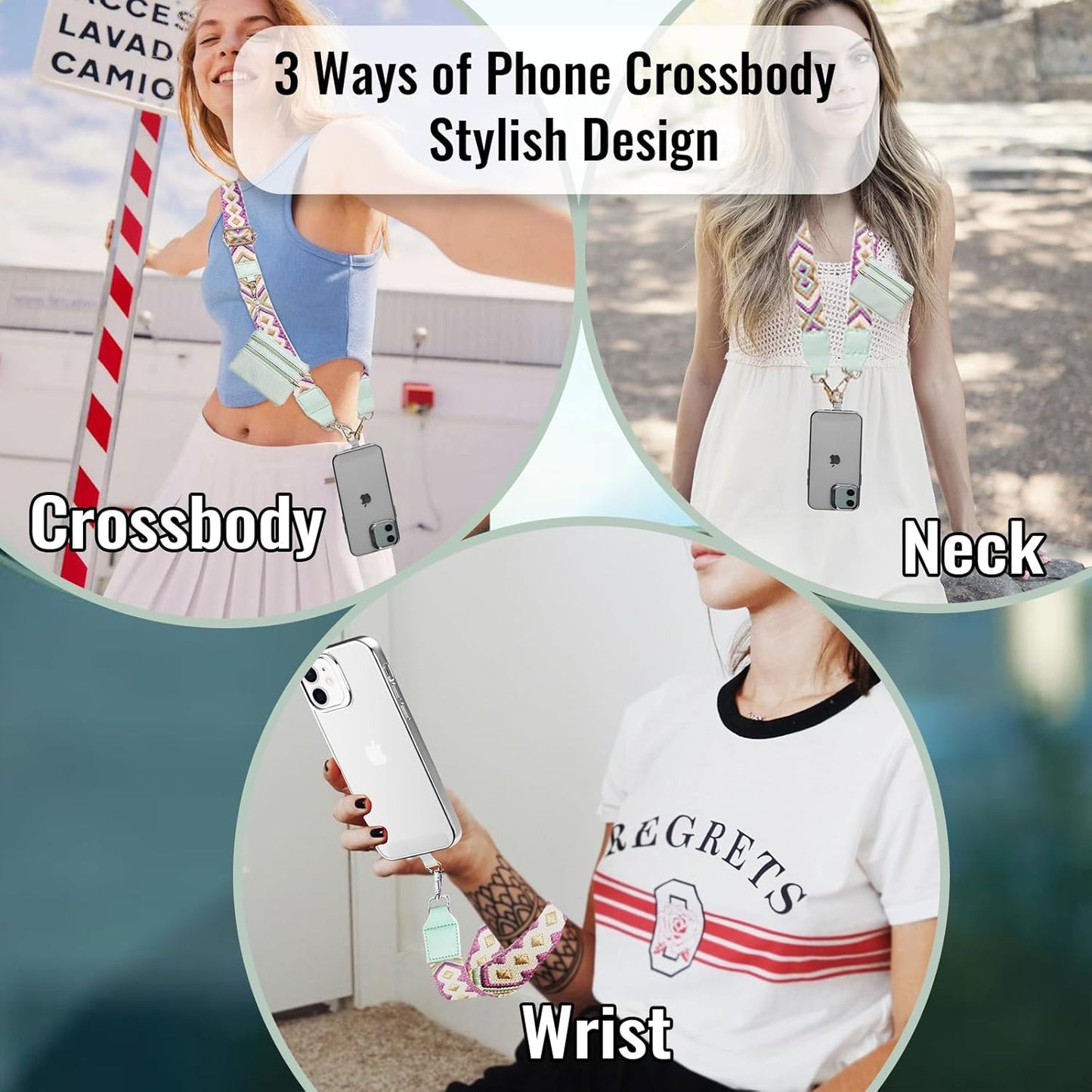 Clip and Go Strap for Phone with Wallet Crossbody iPhone Strap Lanyard for Women with Pouch Cell Phone Stand Holder 2 Patches Tether Adjustable Anti Theft Cellphone Chain for iPhone All Phones Green