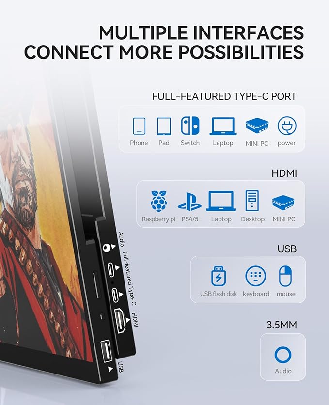 Portable Monitor Touchscreen 15.6" 1080P FHD IPS, 10-Point Touch Travel Gaming Display with Dual Speakers & Kickstand, USB-C HDMI External Screen for Laptop, MacBook, Phone, PS5, Switch