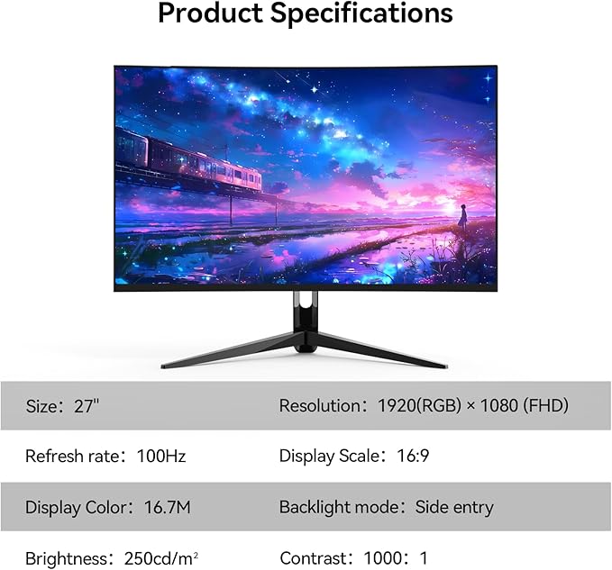27" Full HD (1920 x 1080) Gaming Monitor Fast-IPS Panel AMD FreeSync Support,Up to 100Hz Refresh sRGB 72% 1000:1 Contrast Ratio VESA 100 * 100mm Compatible HDMI & VGA Ports (R27 Core)