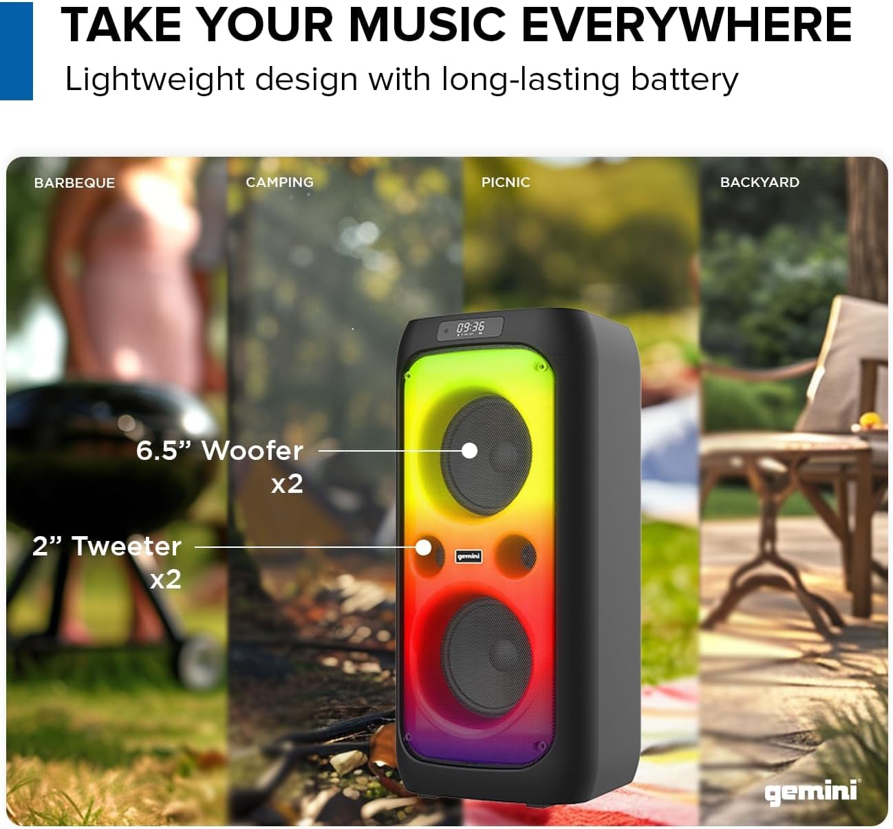 Gemini 200W Portable Bluetooth Party Speaker with Dual 6.5" Woofers, LED Lights, Wireless Mic, 9Hr Battery Play Time, TWS Pairing & USB Playback (GGO-2650L)