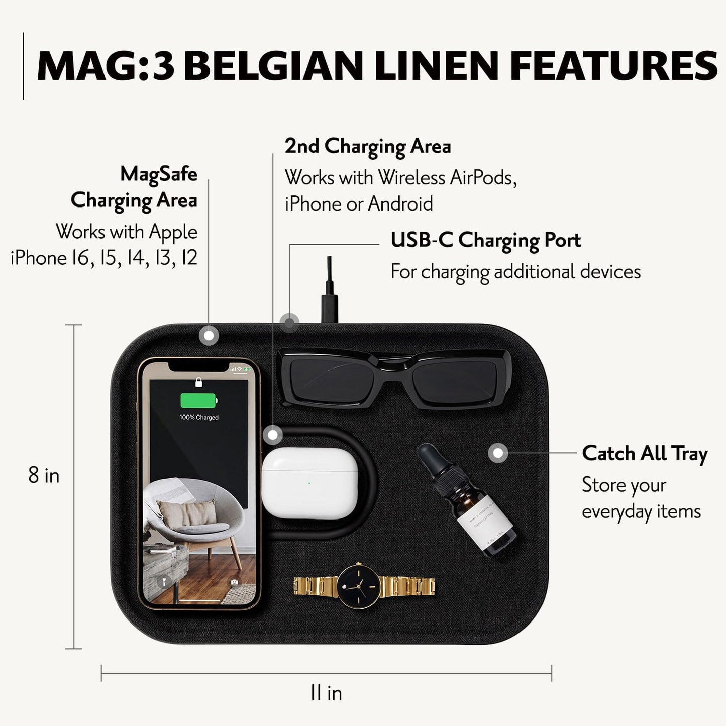 Courant MAG:3 Charger and Tray - Belgian Linen, Multi-Device Charger Compatible with MagSafe iPhones 16, 15, 14, 13, 12 or Wireless AirPod Cases (Charcoal)