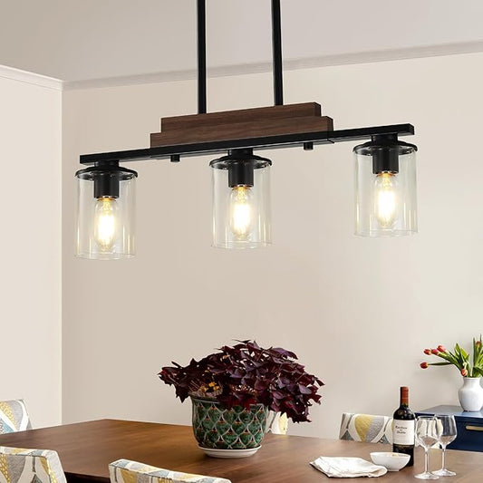 3-Light Kitchen Chandeliers Over Table, Farmhouse Chandeliers for Dining Room, Black Linear Chandelier with Clear Glass Shades, Modern Rustic Wood Dining Room Light Fixture, with Adjustable Height