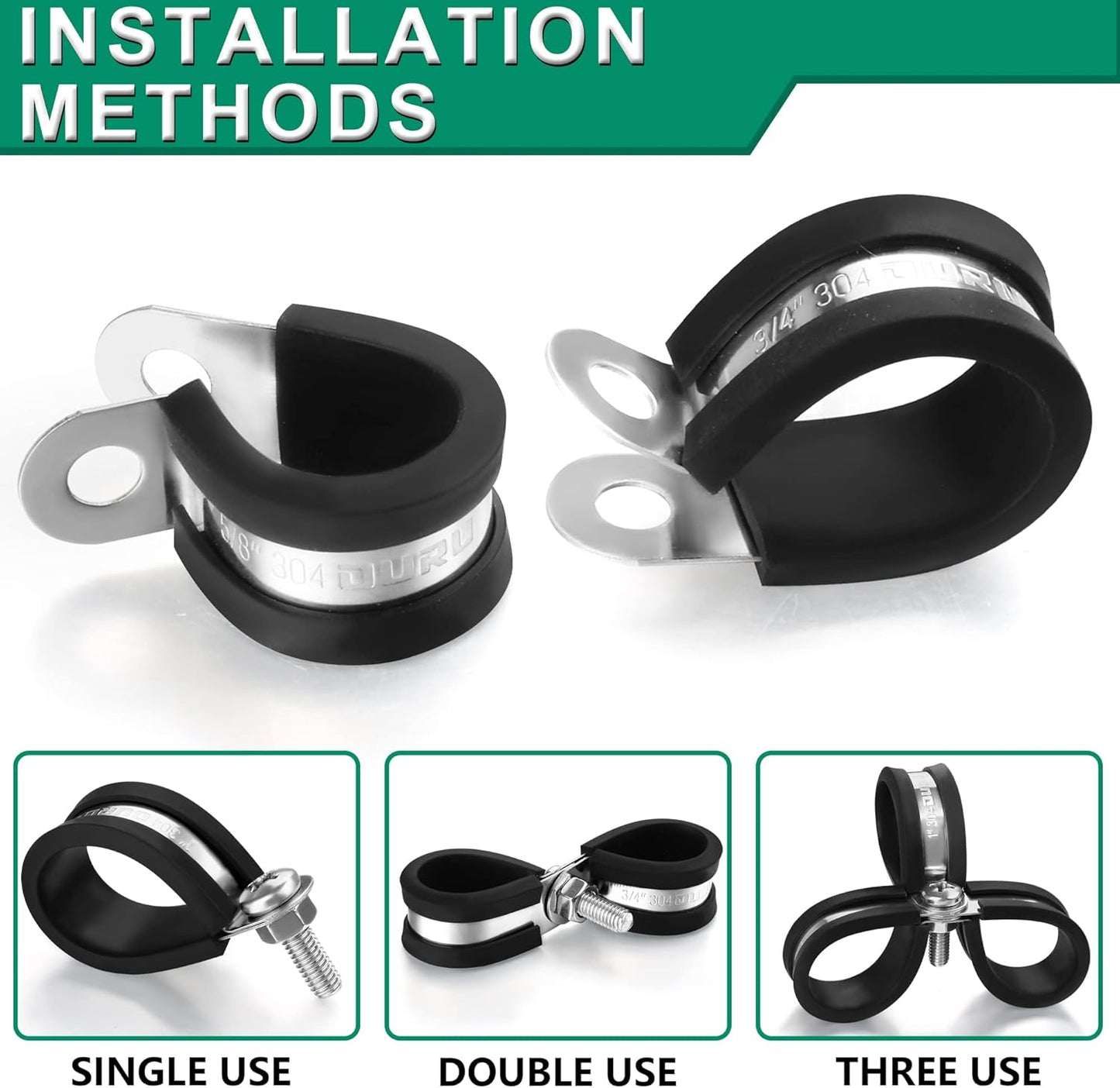 30pcs 1/4 Inch Stainless Steel Rubber Coated Cushioned Insulated Cable Clamps,Automotive Pipe Metal Clamps for Tube,Lines,Wire Cord Installation(Black,6mm)