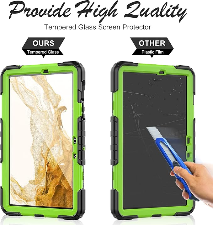 Case for Samsung Galaxy Tab S8/S7 11-inch 5G Tablet Case 2022/2020 [with Tempered Glass Screen Protector], 360° Rotating Kickstand/Hand & Shoulder Strap/S Pen Holder (Green)