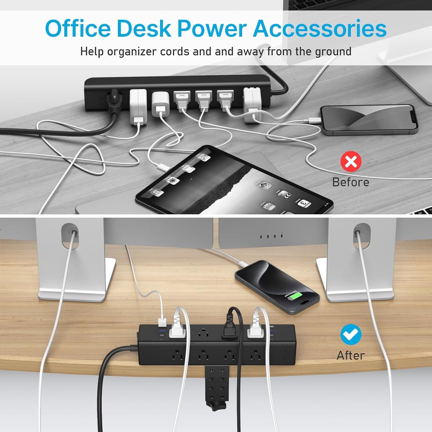 CCCEI Desk Outlet Station 20W USB C Port. 12 Outlet Desktop Clamp Power Strip Surge Protector 4800J with Switch. Nightstand Office Standing Desk Accessories Fit Thicker Table Edge or Screw Mount, 10FT