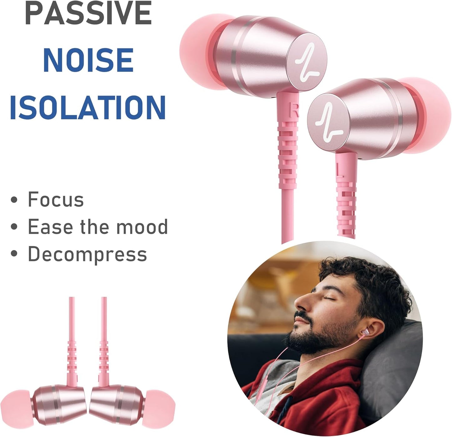 LUDOS OMNITONE Wired Earbuds in-Ear Headphones, 5 Years Warranty, Earphones with Microphone, 3.5 mm Jack Corded Ear Buds, Videoconference for iPhone, Samsung, Laptop, Kids, School Students - Pink
