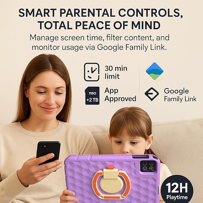 10.1 inch Kids Tablet, Android 15, 20GB RAM 128GB Storage, WiFi 6, HD Display, Parental Control, GPS, 12-Hour Battery, Tablet with EVA Protective Case-Purple