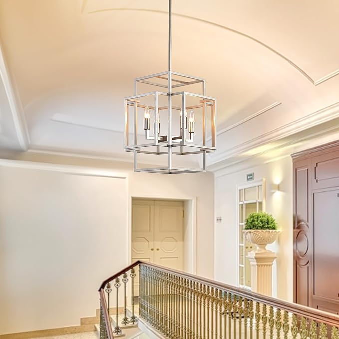 WJShome 4-Light Brushed Nickel Chandelier, Modern Foyer Lighting Fixtures, 16.5" Silver Farmhouse Chandeliers, Hanging Lantern Pendant Lights Kitchen Island, for Living Room, Entryway, Staircase
