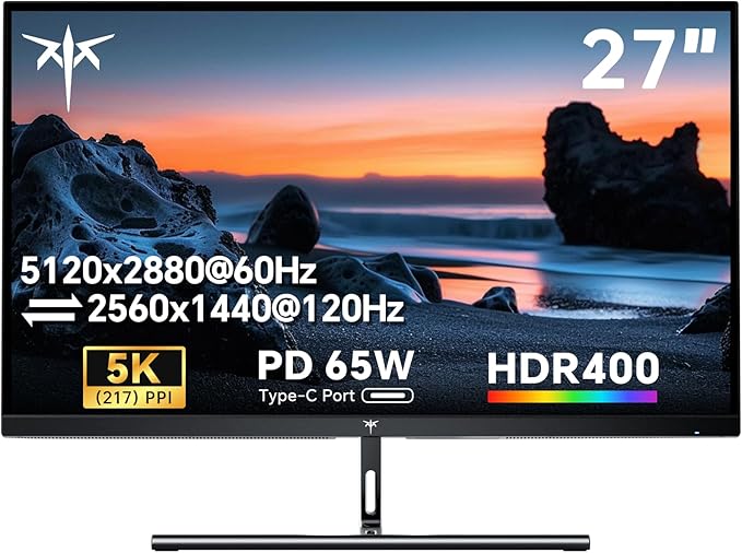 KTC 27 Inch 5K Monitor, 5120 x 2880 5K2K Monitor with 65W Type-C Port, Dual Mode Computer Monitors Compatible with Mac mini, IPS Panel, HDR 400, 217 PPI, 135% sRGB, HDMI DisplayPort, Tilt, H27P3