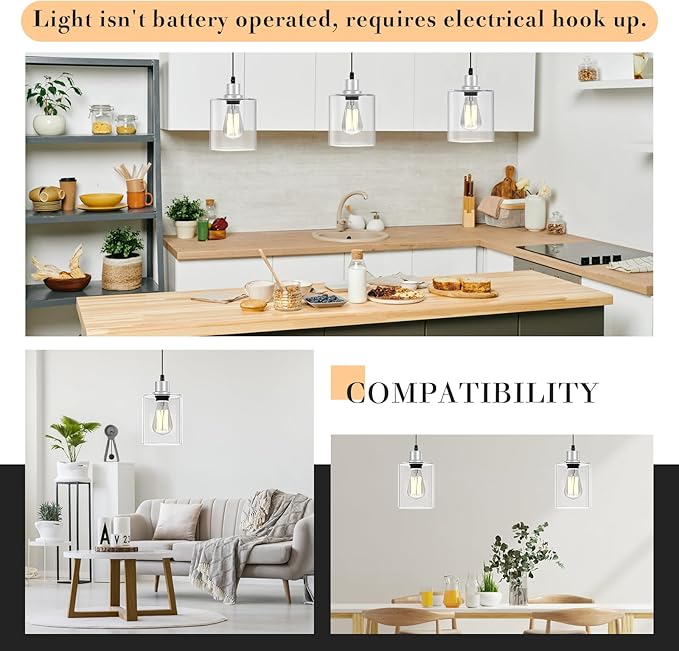 Pendant Light Kitchen Island Lighting 2 Pcs, with Bulb & Clear Glass Shade - 59 Inch Hanging Cord Farmhouse Hanging Lighting Fixture for Dining Room Bedroom Hallway - Brushed Nickel