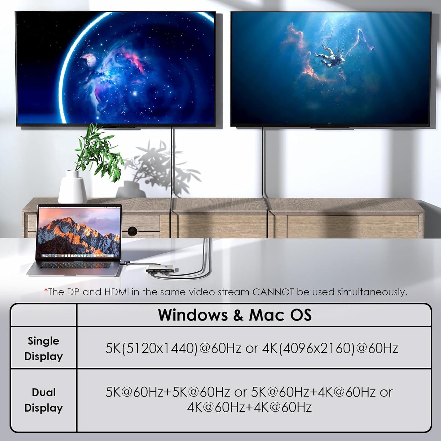 WAVLINK USB C and USB 3.0 to Dual 4K DisplayPort/HDMI Adapter, Displaylink Monitor Splitter Extended Display for Dual Monitor 4K@60Hz, HDMI/DP Splitter Compatible with Mac M1-M4,Window Laptop-Silver