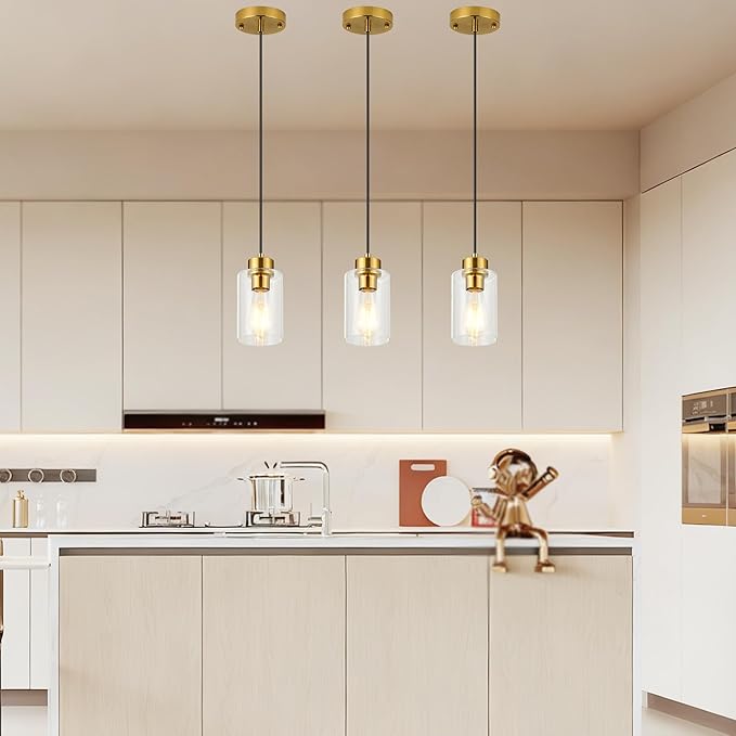 Pendant Lights Kitchen Island, Brushed Brass Pendant Light Fixtures with E26 Base & Adjustable Cable, Modern Pendant Lighting with Glass Shade for Living Room Bedroom Hallway, 2 Packs