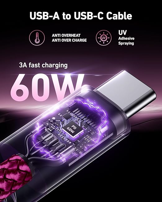 USB to USB C Cable 60W Fast Charging [2 Pack 6FT], USB A to USB C Cable for CarPlay, Durable Braided USB Type C iPhone Charger USBC Cord for iPhone 17/16/15/Pro Max, Samsung Galaxy S23 and More-Rose