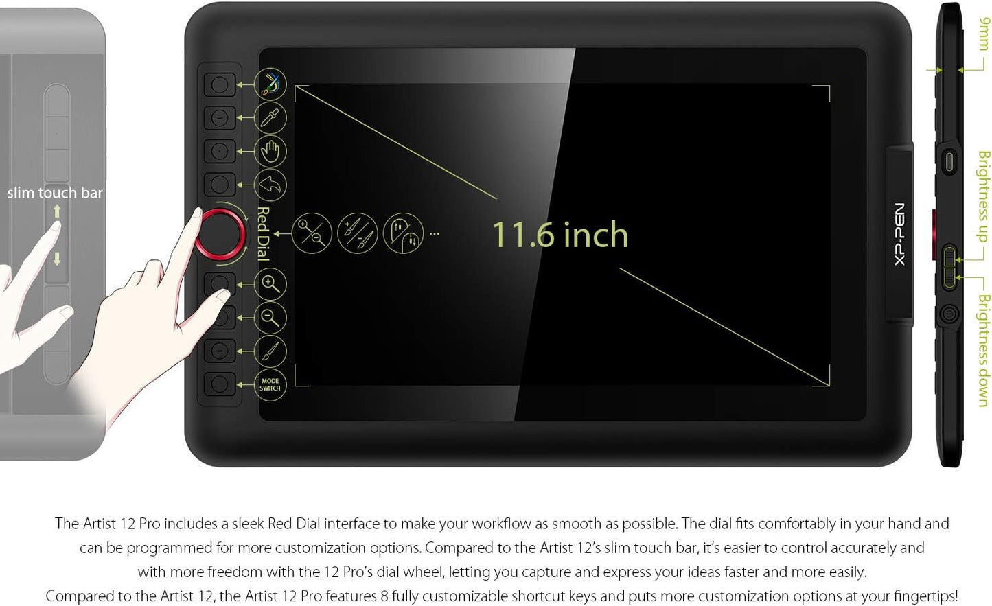 XPPen Artist12 Pro 11.6" Drawing Tablet with Screen Pen Display Full-Laminated Graphics Tablet with Tilt Function Battery-Free Stylus and 8 Shortcut Keys(8192 Levels Pen Pressure and 72% NTSC)