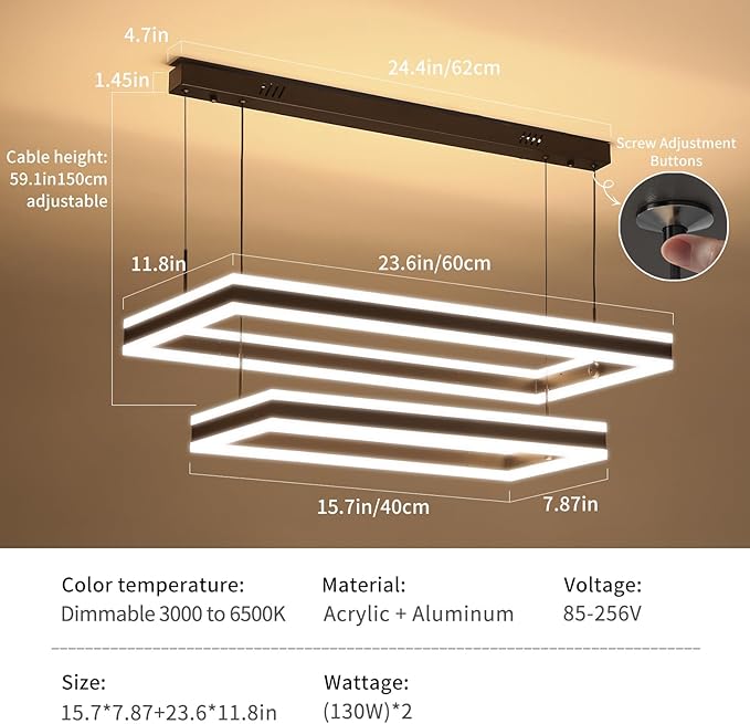 Modern LED Chandelier, Black Pendant Light for Kitchen Island, Adjustable 2 Ring Rectangle Ceiling Lighting Fixture, Dimmable Minimalist Over Table Hanging Light for Living Dining Room, Entryway
