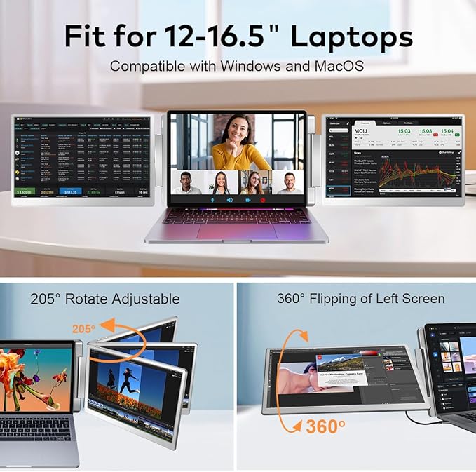 S7 Laptop Screen Extender,14-inch Portable Travel Triple Monitor-Left Screen 360° Flip,FHD 1200P IPS Triple Screen Laptop Monitor Extender for 12-16.5" Laptops,Compatible with Win and MacBook,Gray