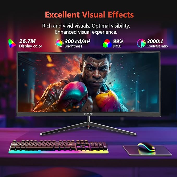 Z-Edge 30" Curved Gaming Monitor, WFHD1080P 200Hz 165Hz Monitor, MPRT 1ms, 21:9 Aspect Ratio, 1500R Curved, 16.7M Colors, 3000:1 Contrast, UG30 PIP-PBP, 2X DP 1.4 Ports and 2X HDMI 2.0 Port