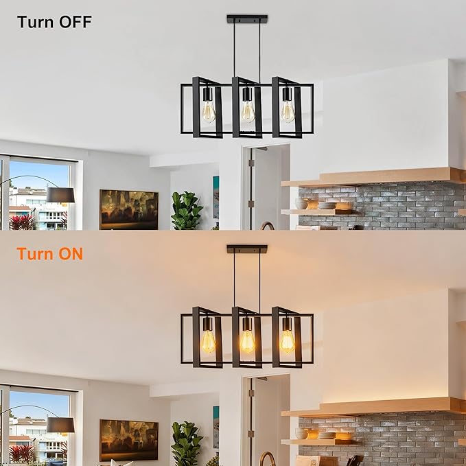 3-Light Island Lights for Kitchen, Rectangular Black Metal Kitchen Island Chandelier 23.6" Adjustable Rustic Modern Dining Room Light Fixtures Over Table, Chandeliers for Dining Room