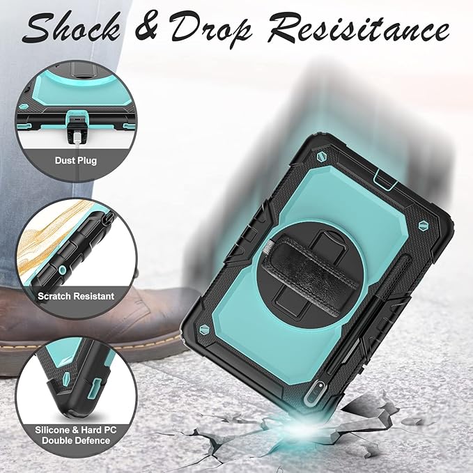 Tablet Case for Samsung Galaxy Tab S8/S7 11-inch 5G 2022/2020 [with Tempered Glass Screen Protector], Rotating Kickstand/Hand & Shoulder Strap/S Pen Holder (SkyBlue)