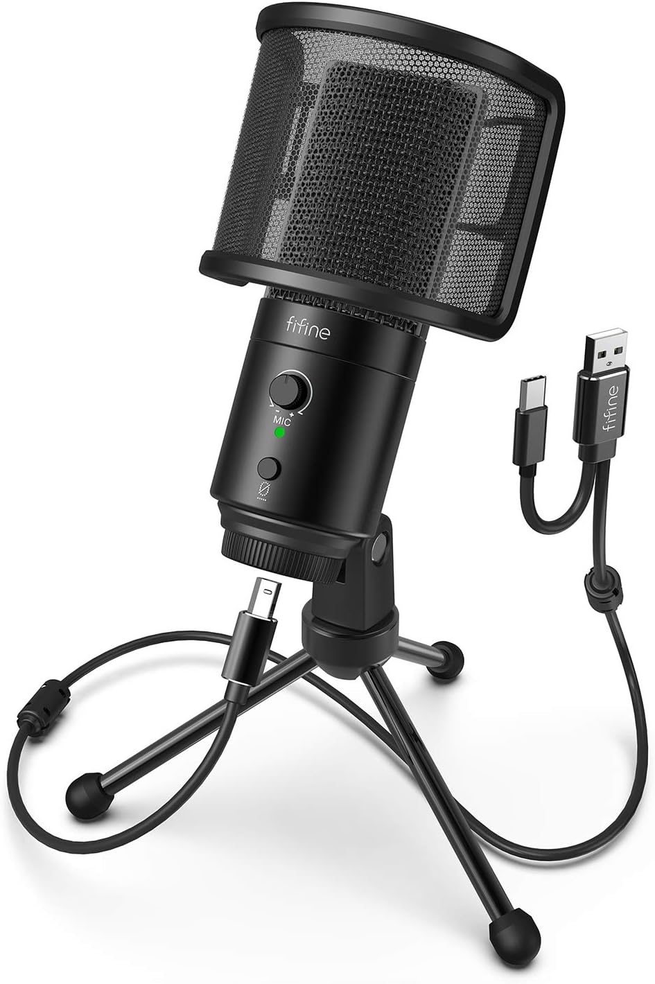 FIFINE USB Desktop PC Microphone with Pop Filter for Computer and Mac, Studio Condenser Mic with Gain Knob Mute Button Headphone Jack for Gaming Streaming Recording YouTube, Extra USB-C Plug-K683A