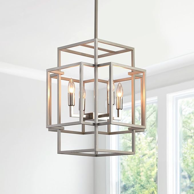 WJShome 4-Light Brushed Nickel Chandelier, Modern Foyer Lighting Fixtures, 16.5" Silver Farmhouse Chandeliers, Hanging Lantern Pendant Lights Kitchen Island, for Living Room, Entryway, Staircase