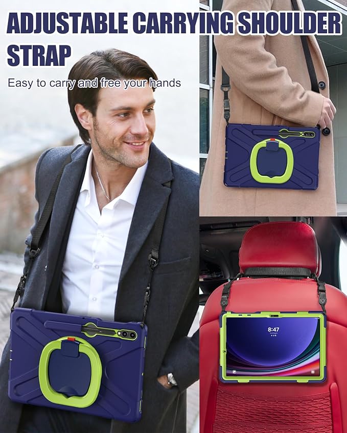 BRAECN Case for Samsung Galaxy Tab S9 FE+ Plus/ S9+/S8+/S7 FE/S7+ 12.4 Inch 2023, Heavy Duty Rugged Silicone Cover w/S Pen Holder, Handle Grip, Stable Kickstand, Shoulder Strap, Navy Green