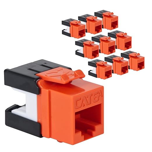 ICC CAT6A Keystone Jack with Slim Profile 180 Degree Punch Down, 10Gbps RJ45 UL Listed PoE++ TAA Compliant for Wall Plate or Patch Panel, Works with JackEasy Termination Tool, Orange 10 Pack