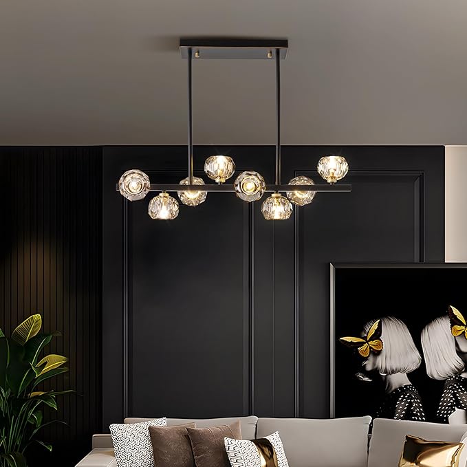 Modern Crystal Chandelier Dining Room Light fixtures Black Chandeliers with Crystal Ball Shade 8-Lights Industrial Globe Hanging Pendant Lighting for Kitchen Island,Living Room,Dining Room