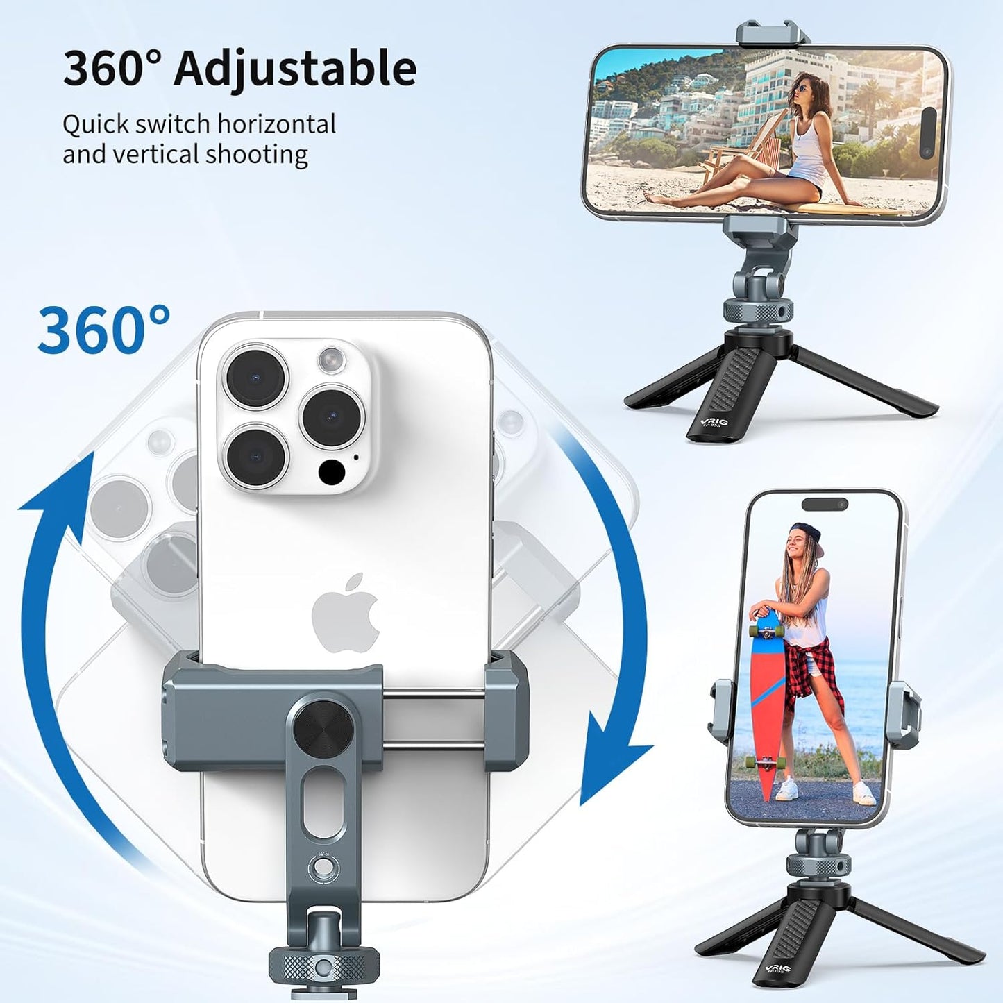 VRIG PH-18 Metal Phone Tripod Mount with Cold Shoe & 1/4"-20 Screw Holes, 360° Rotation Horizontal & Vertical Shooting, Adjustable Angle Smartphone Holder Tripod Adapter for iPhone, for Samsung