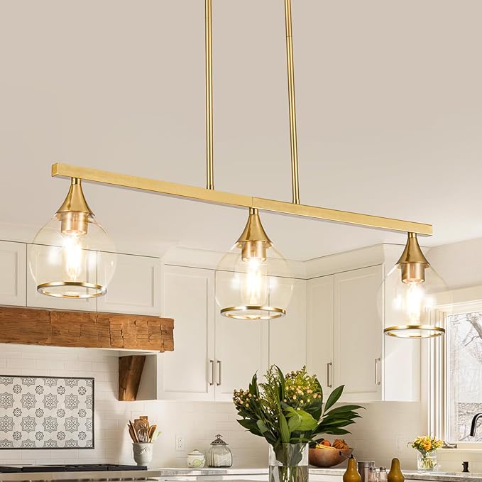 Island Light for Kitchen, 3-Light Gold Kitchen Island Linear Hanging Pendant Chandeliers, Brushed Gold Dining Room Light Fixture Over Table with Clear Round Glass Shades