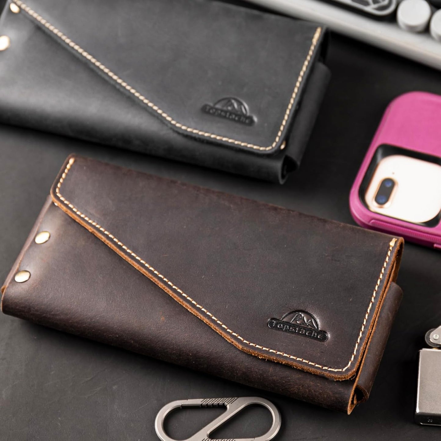 topstache Leather Phone Holster with Belt Loop, Magnetic Closure Cell Case Card Holder Wallet,Leather Pouch for iPhone 14 Pro,Galaxy S23(Fits Otterbox on) L,Darkbrown, Belt Loop-Darkbrown (C0403)