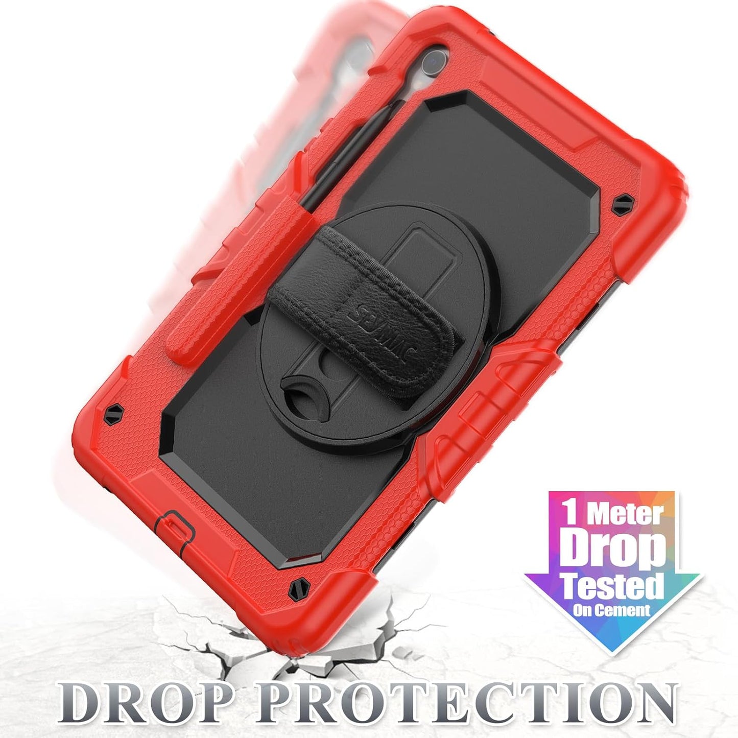 SEYMAC stock Case for Samsung Galaxy Tab S10 FE / S9 / S9 FE 5G Tablet Case Protective with Screen Protector, Pencil Holder, 360 Rotate Stand, Hand Strap, Shoulder Strap, Red