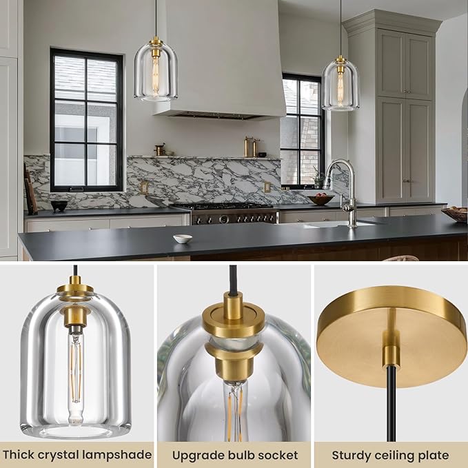 Crystal Pendant Light Kitchen Island: 5.1" Dimmable Vintage Brass Hanging Lights above Dining Table - Modern K9 Crystals Lighting - Luxury Gold Cylinder Pendants Light Fixtures 3000K E12 Bulb Included