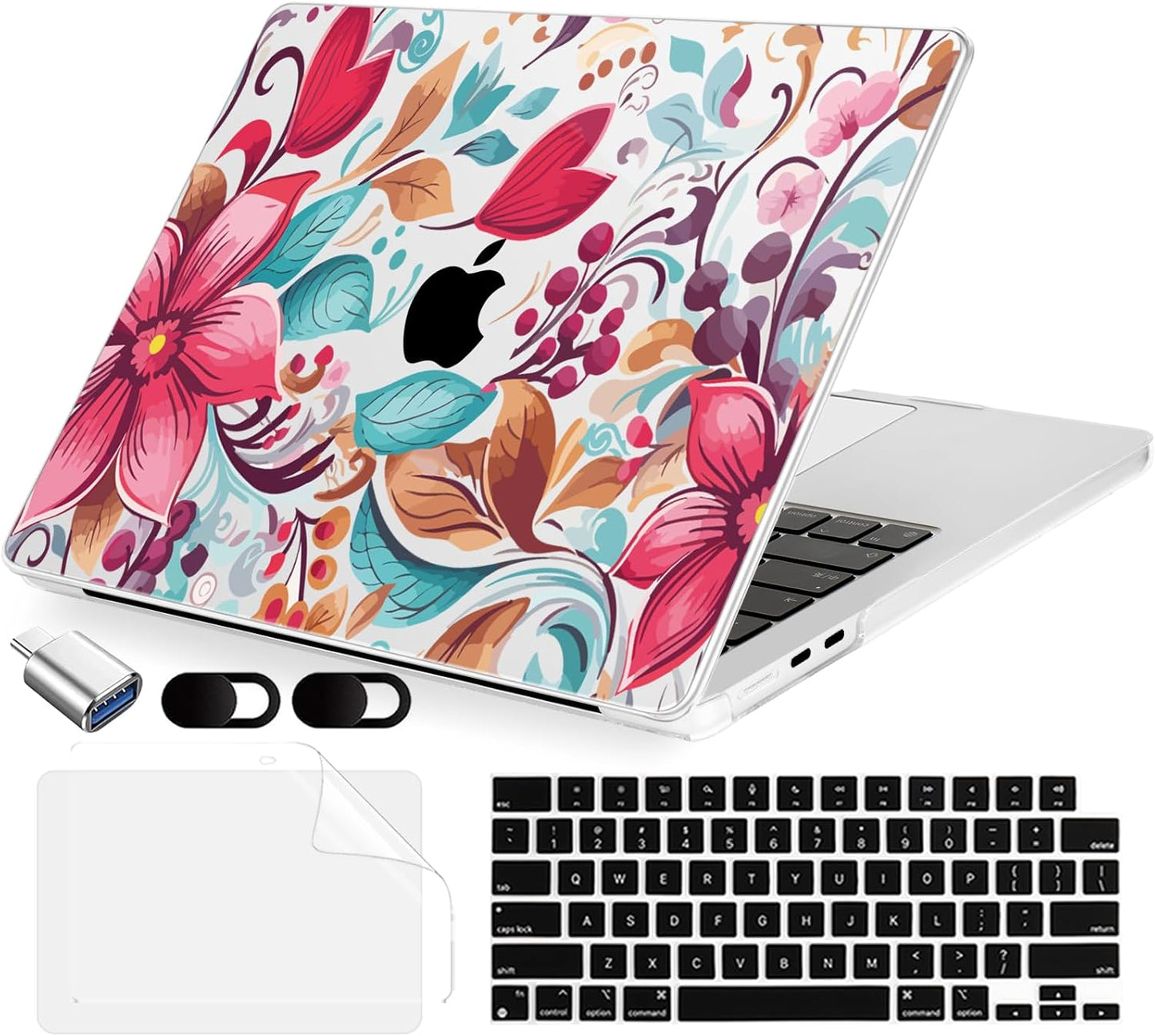 Compatible with MacBook Air 13.6 inch Case, M4 A3240/M3 A3113/M2 A2681 (Released 2025 to 2022), Hard Shell, Keyboard Cover, Screen Protector, Webcam Cover & Type-C Adapter, Geometric Flowers