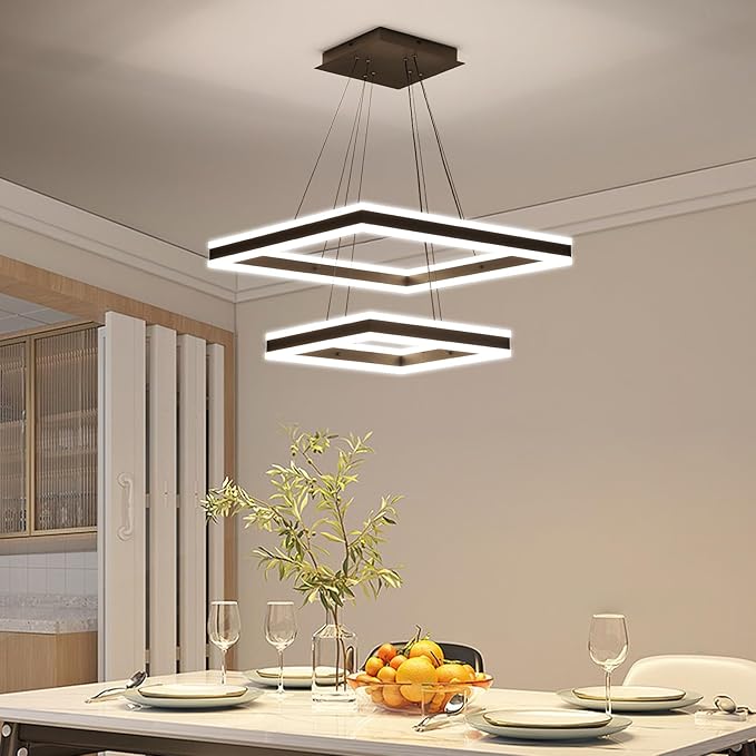 Modern Chandeliers for Living Room, 2 Ring Square LED Pendant Light Fixture, 3000K-6500K Dimmable Dining Room Ceiling Hanging Light Over Table, Modern Kitchen Island Lighting Adjustable Height