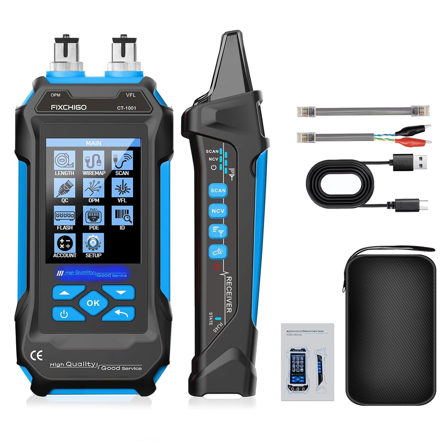 10 in 1 Network Cable Tester with 7 Wavelengths OPM 10Km/10mW VFL 600M Measurable Length 100 Records Tool Kit for CAT5 CAT6 Telephone Ethernet RJ11 RJ45 PoE Wire Tracer NCV, Blue