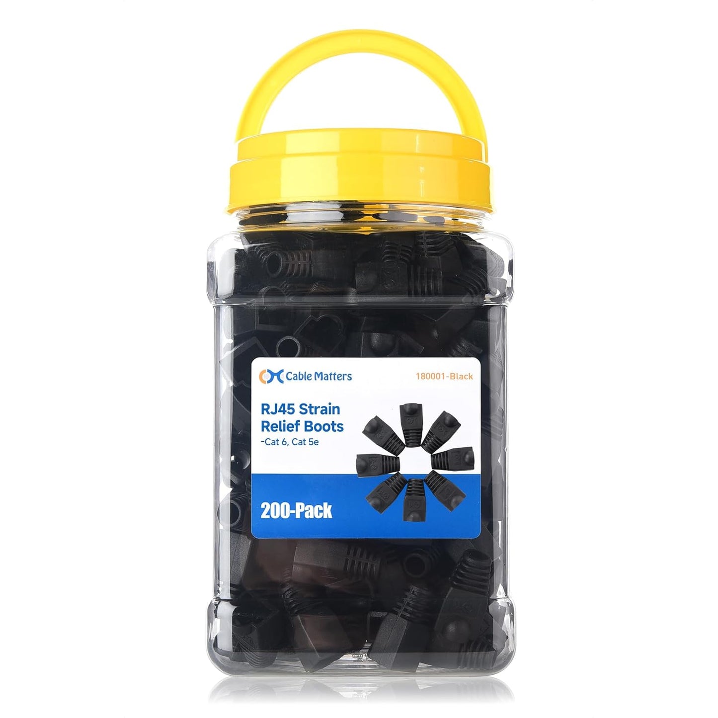 Cable Matters 200-Pack Cat6 / Cat5e RJ45 Strain Relief Boots, RJ45 Boot, Cat 6 Boot, Cat6 Ethernet Boots, Black, Suitable for 6.5mm (0.25in) Ethernet Cables