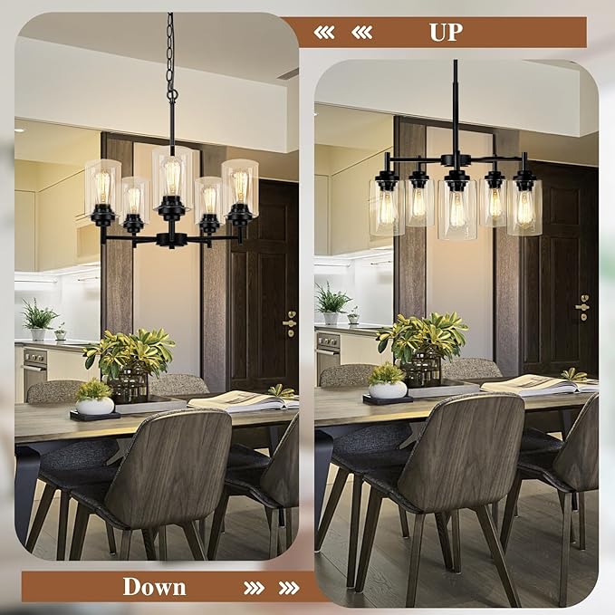 Sucolite 19.8'' 5-Light Chandelier for Dining Room Kitchen Island, Modern Farmhouse Pendant Lighting with Glass Shades Industrial Black Hanging Ceiling Light Fixture for Living Room, Height Adjustable