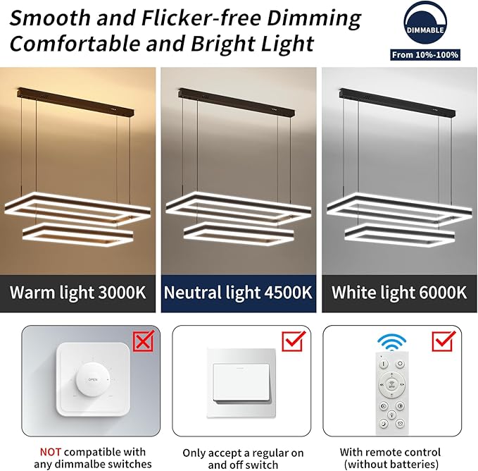 Modern LED Chandelier, Black Pendant Light for Kitchen Island, Adjustable 2 Ring Rectangle Ceiling Lighting Fixture, Dimmable Minimalist Over Table Hanging Light for Living Dining Room, Entryway