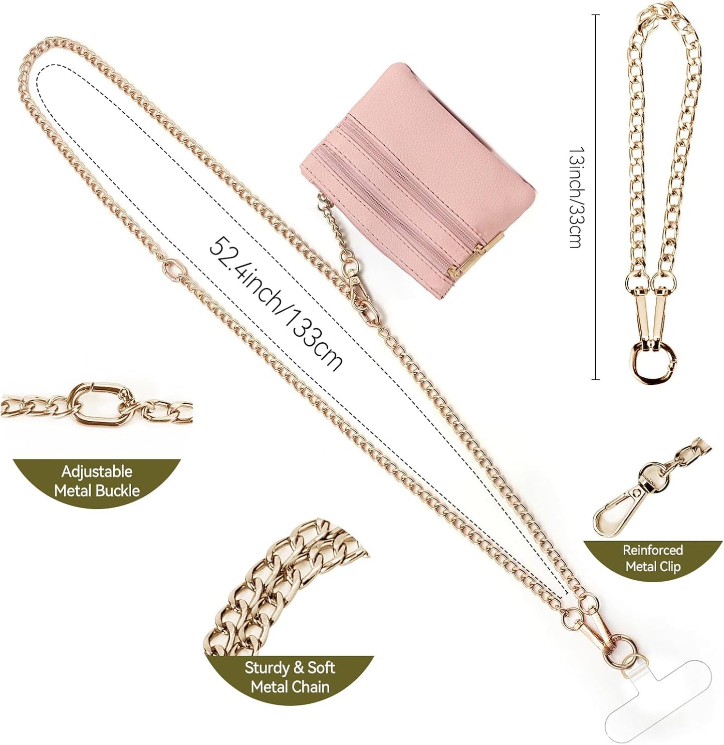 Clip and Go Strap for Phone Gold Metal Chain with Pink Purse Wallet Crossbody Phone Lanyard for Women with Cell Phone Stand Holder 2 Patches Tether Adjustable Anti Theft for iPhone 16 15 14 All Phones