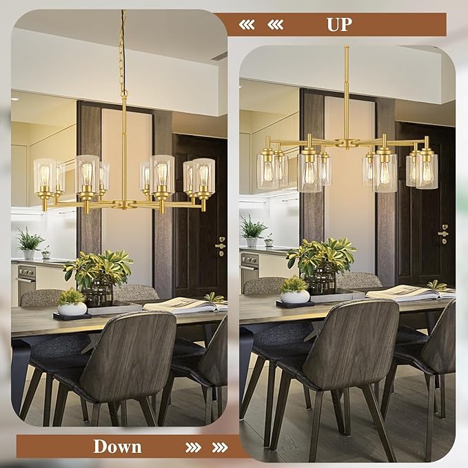 Sucolite 33.5'' 8-Light Chandelier for Dining Room Kitchen Island, Modern Farmhouse Pendant Lighting with Glass Shades Industrial Gold Hanging Ceiling Light Fixture for Living Room, Height Adjustable