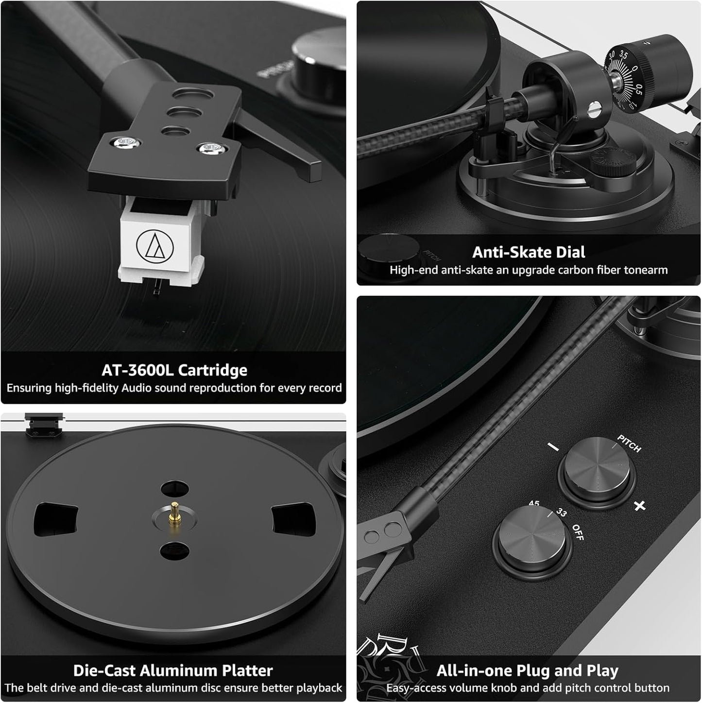 Record Player Wireless Output Turntable Carbon Fiber Tonearm Vinyl Player Aluminium Platter Belt-Drive LP Turn Tables 2 Speed RPM Phono RCA Line Output AT-3600L MM Cartridge Audio Sound Pure Black
