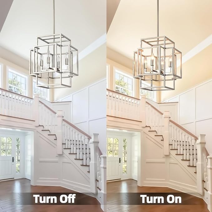 WJShome 4-Light Brushed Nickel Chandelier, Modern Foyer Lighting Fixtures, 16.5" Silver Farmhouse Chandeliers, Hanging Lantern Pendant Lights Kitchen Island, for Living Room, Entryway, Staircase