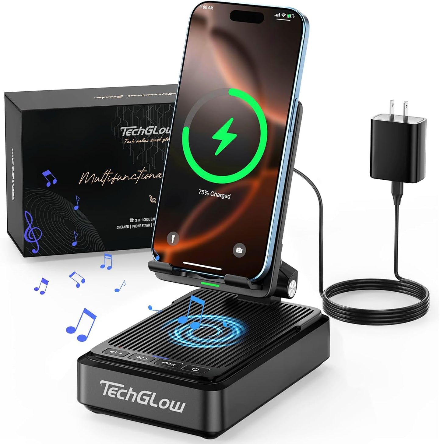 Gifts for Men Women-TechGlow Bluetooth Speaker with Phone Stand and Wireless Charger Compatible with iPhone 16 15 14 13 Pro XS 8 Plus Samsung Galaxy S25 S24 S23 Note 20 Birthday Gift Idea for Mom Dad