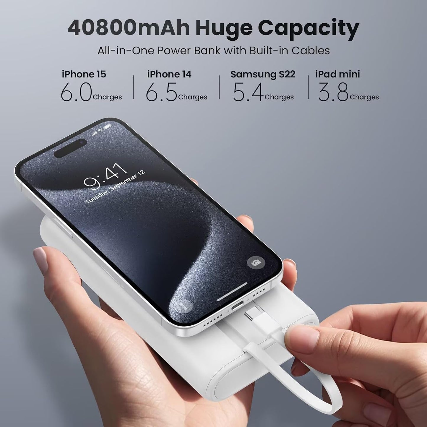 Upgraded Portable Charger 40800mAh Power Bank - Portable Battery with 2 Built in Cables,PD 25W USB C Fast Charging Battery Pack Compatible with iPhone 16 15 14 13 Android Phone etc-White
