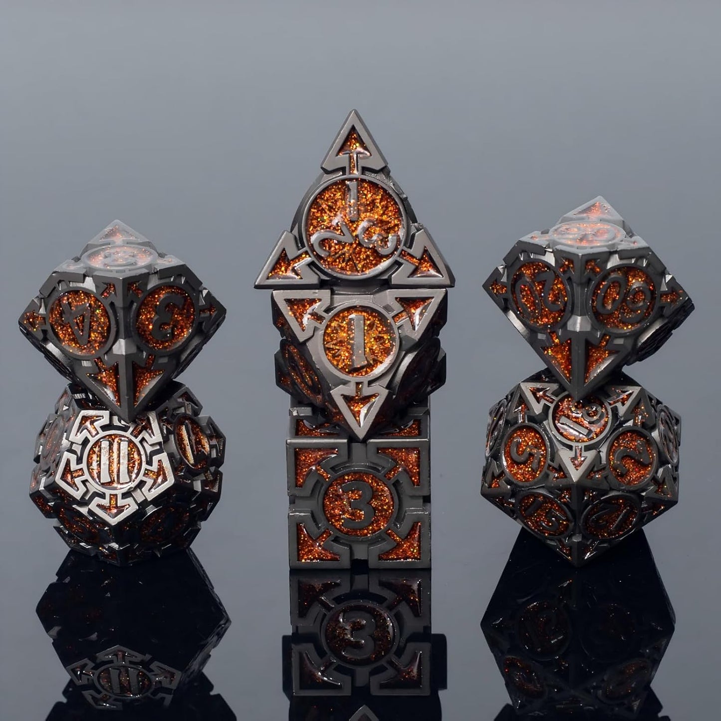 Orange Black Nickel Finish Heavy Metal DND Dice Set (Bard) with A Metal Box, Sharp Edge Zinc Alloy D&D Accessories, D4-D20, Designed for Dungeons & Dragons Master, RPG Player, Starter