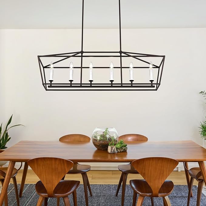 6-Light Kitchen Island Pendant Lighting Fixture, Farmhouse Linear Chandelier for Dining Room Over Table, Oil Rubbed Bronze & E12 Bulb Base